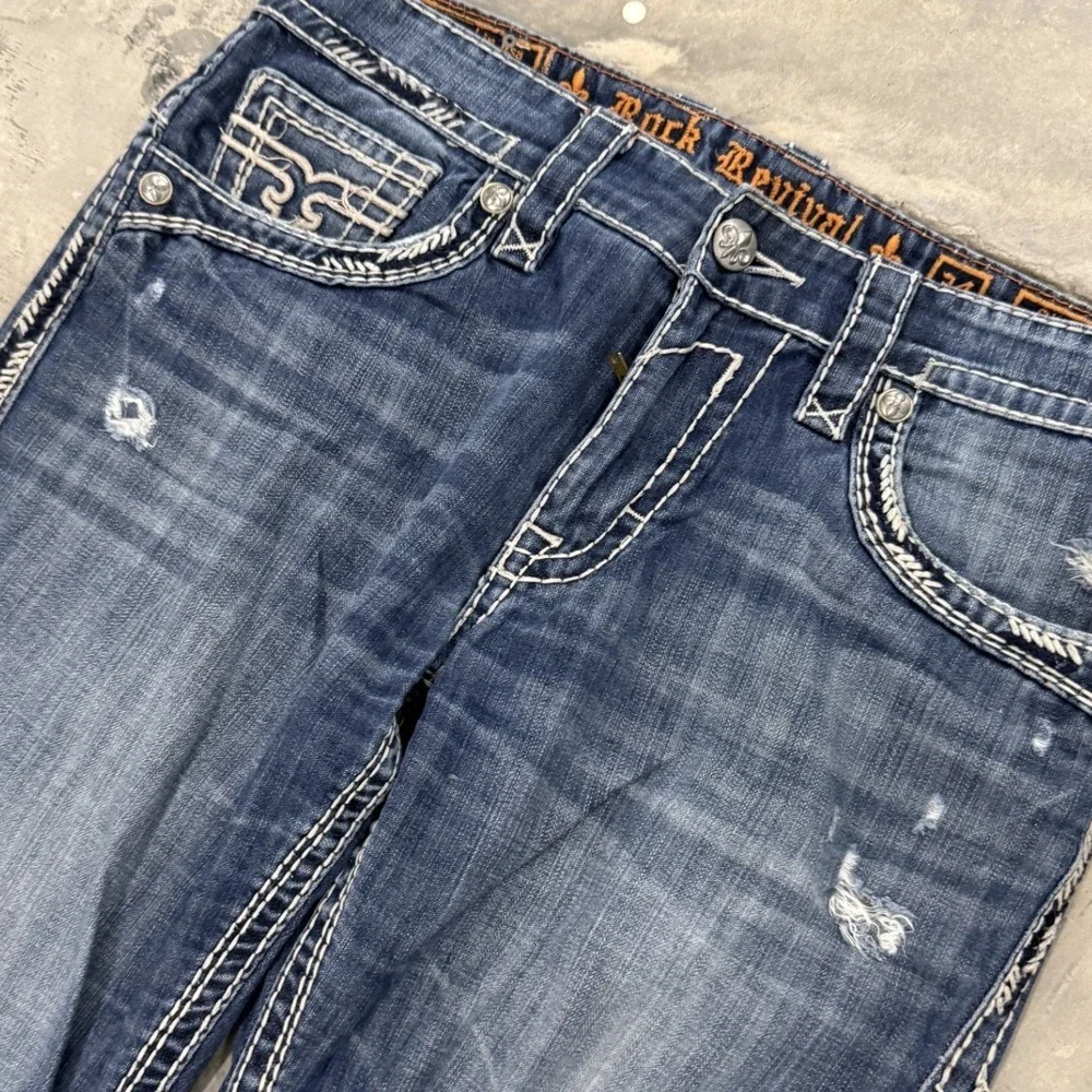 Rock Revival Shane Bootcut Jeans Mens 34 Blue Good Distressed Heavy Stitch